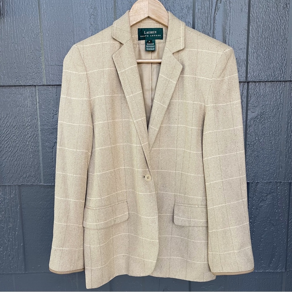 Vintage Ralph Lauren - Lauren Silk Body Lambskin Leather Trim One Button Blazer
